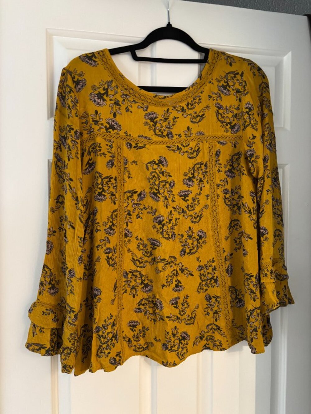 Mustard Floral Boho Blouse | Lace Detail | Bell Sleeve | Medium | NWOT